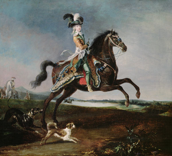 Equestrian portrait of Marie Antoinette in hunting attire od Louis Auguste Brun or Brun de Versoix