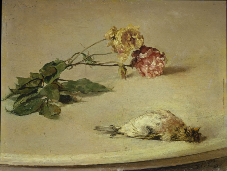 Dead Bird and Two Roses on a Table Board od Louis Eysen