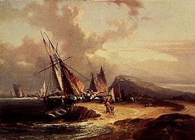 Unloading a sailing ship. od Louis Gabriel Eugène Isabey