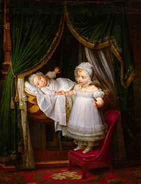 Henri of Artois, Count of Chambord, duc de Bordeaux in his cradle with his sister Louise Marie Thérè