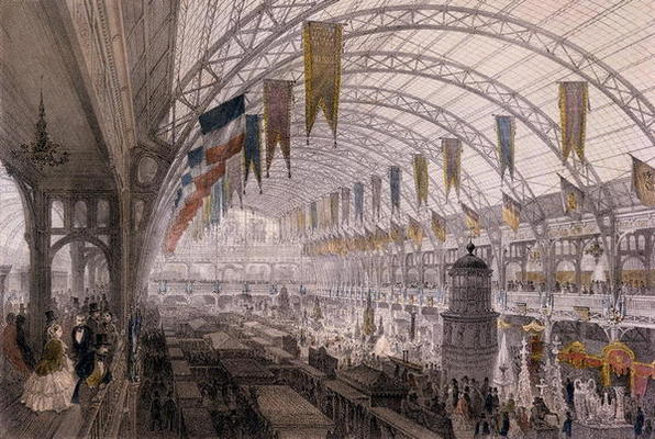 Interior view of the Palais de l'Industrie at the Exposition Universelle in 1855 (colour litho) od Louis Jules Arnout