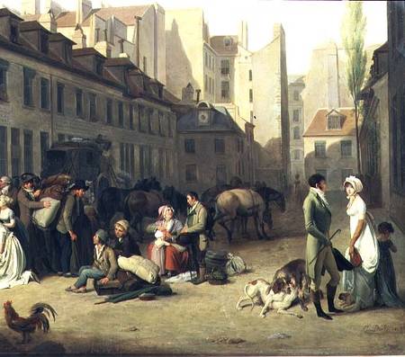 The Arrival of a Stage Coach at the Terminus, detail of some passengers od Louis-Léopold Boilly