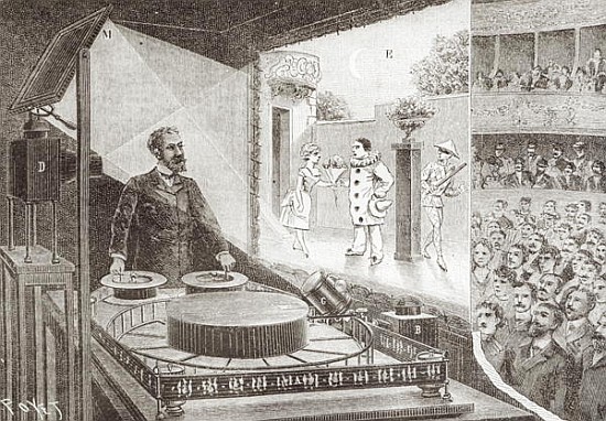 The ''Theatre Optique'' and its inventor Emile Reynaud (1844-1918) with a scene from ''Pauvre Pierro od Louis Poyet