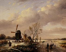 WinterlFlußlandschaft with ice-skaters and windmills od Louis Verwee