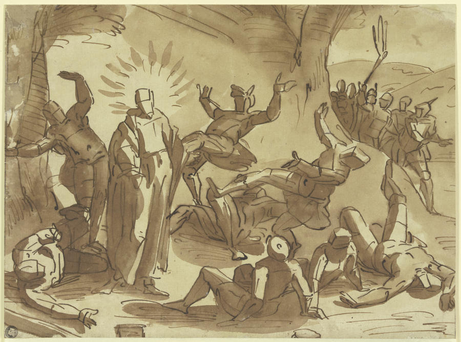 Christus wirft durch seine Stimme die ihn gefangennehmenden Soldaten nieder od Luca Cambiaso
