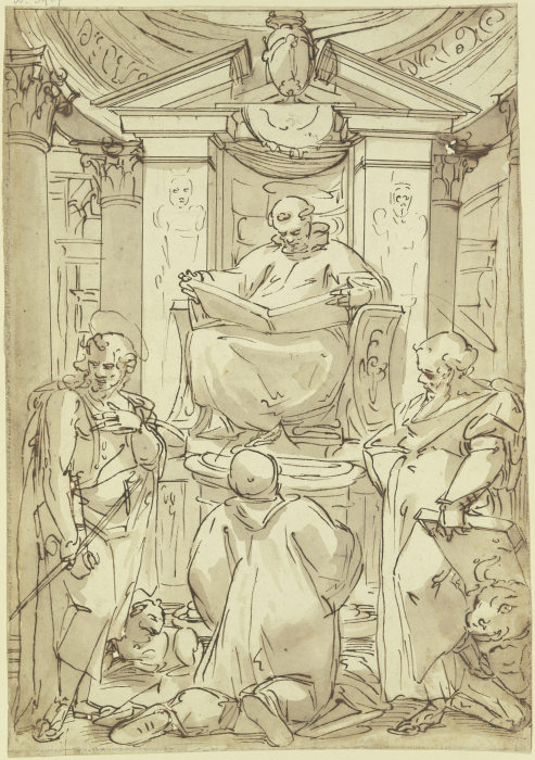 Der Heilige Benedikt (?) mit aufgeschlagenem Buch auf einem Postament vor Aedicula und Kuppelansatz  od Luca Cambiaso