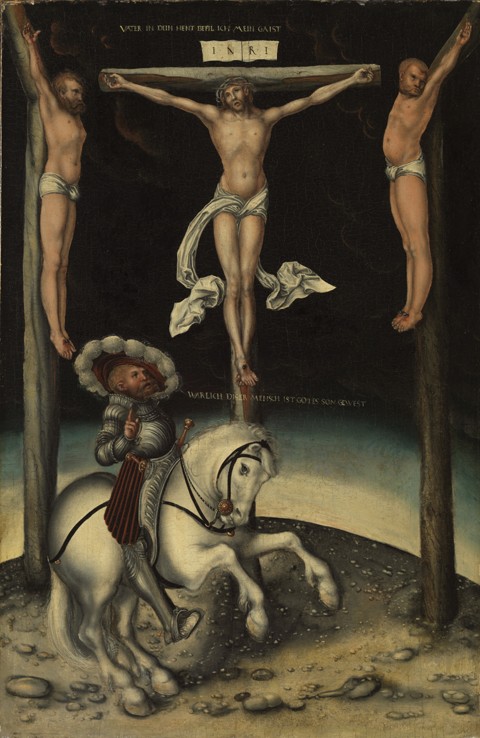 The centurion Longinus among the crosses of Christ and the two thieves od Lucas Cranach d. Ä.