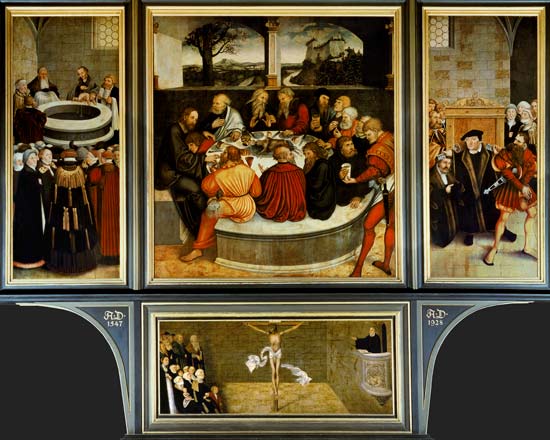 Triptych, left panel, Philipp Melanchthon performs a baptism assisted by Martin Luther; centre panel od Lucas Cranach d. Ä.