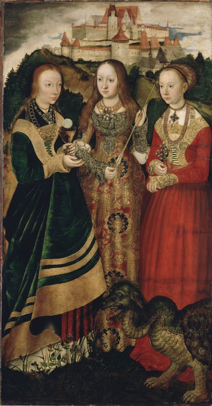 Altarpiece with the Martyrdom of Saint Catharine, right wing: The Saint Barbara, Ursula and Margaret od Lucas Cranach d. Ä.