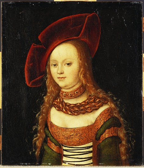 Portrait of a young girl, half length, wearing a green and gold costume with a red hat od Lucas Cranach d. Ä.