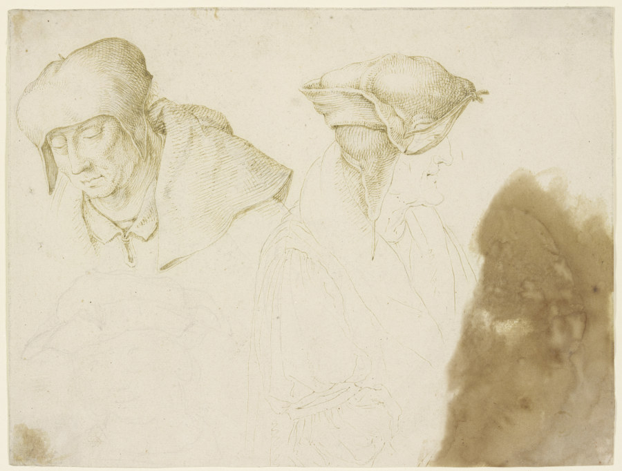 Kopf des Evangelisten Lukas, einer Assistenzfigur der Esther vor Ahasver sowie eines Dritten od Lucas van Leyden