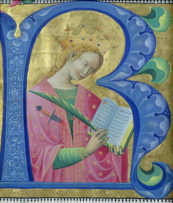 Illuminated initial 'R' depicting St. Catherine of Alexandria, Lombardy School (vellum) od Luchino Belbello