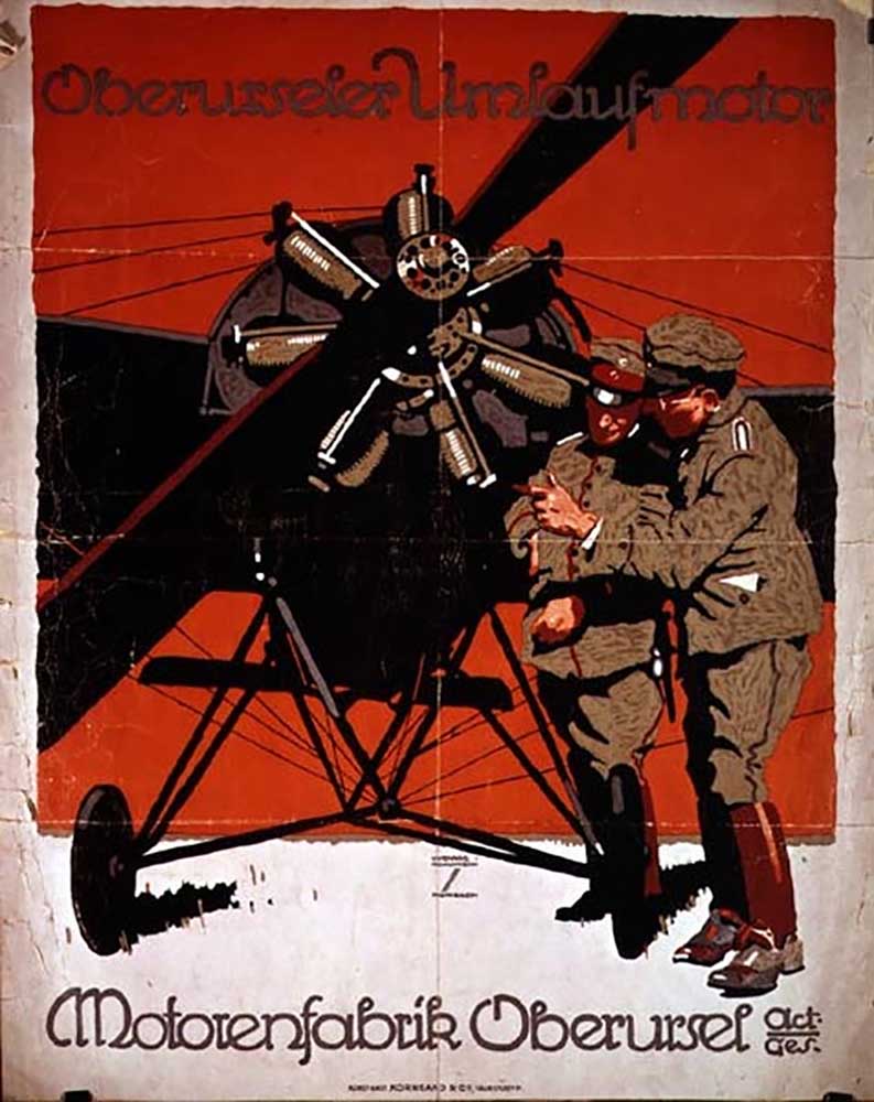 Poster advertising the Oberurseler Umlaufmotor aircraft engine, 1914 od Ludwig Hohlwein