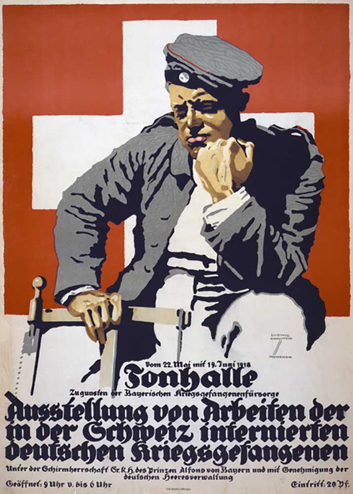 Poster advertising an exhibition of works by German prisoners of war interned in Switzerland, 1918 od Ludwig Hohlwein