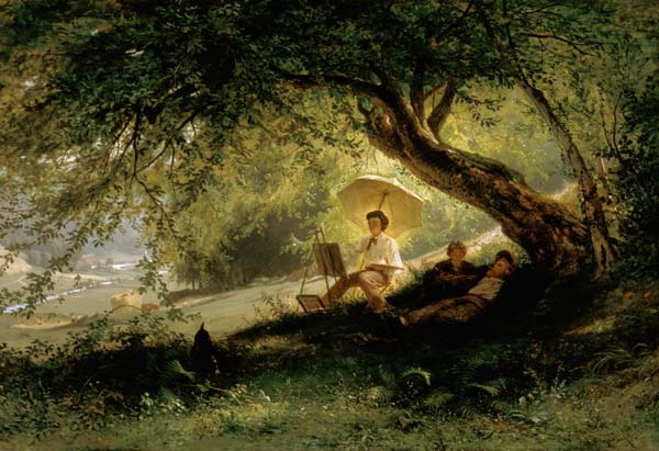 Painter at the edge of the forest with look into a Flusstal od Ludwig Hugo Becker