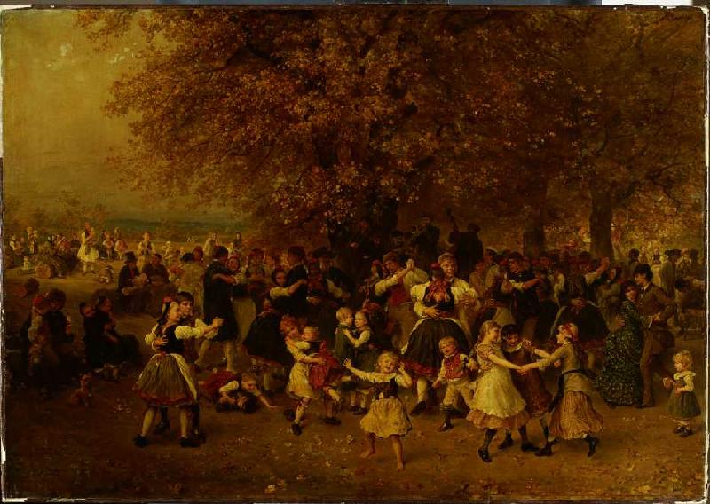 Das Kirchweihfest (Tanz unter den Linden vor einem hessischen Dorf) od Ludwig Knaus