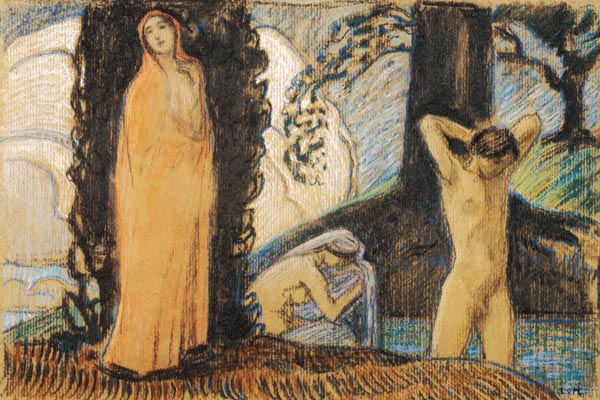 Dekorative Skizze mit zwei Frauen und einem Jüngling od Ludwig von Hofmann