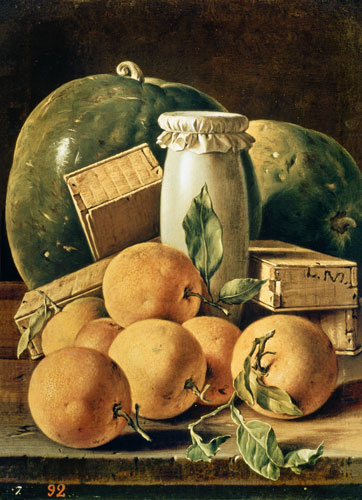 Still Life of Oranges, Watermelon, a Pot and Boxes of Cake od Luis Melendez