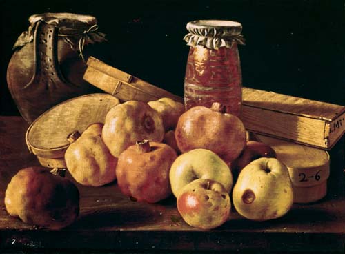 Still Life with Pomegranates, Apples, a Pot of Jam and a Stone Pot od Luis Melendez