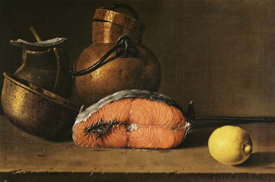 Still Life with a Piece of Salmon, a Lemon and Kitchen Utensils od Luis Melendez