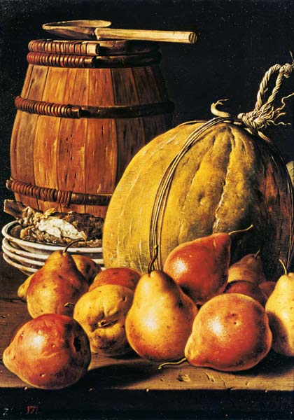 Still Life with pears, melon and barrel for marinading od Luis Egidio Melendez