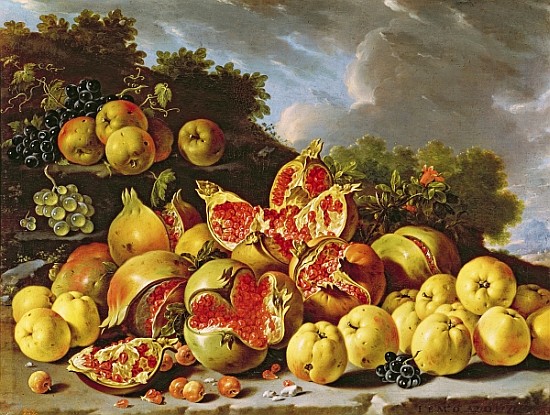 Still Life with pomegranates, apples, cherries and grapes od Luis Egidio Melendez