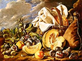 Still Life with figs, wicker basket, pumpkin, bread, wine skin and knife