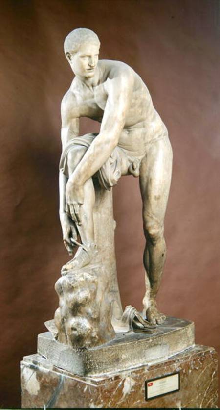 Hermes tying his sandal, Roman copy of a Greek original attributed to Lysippos od Lysippos