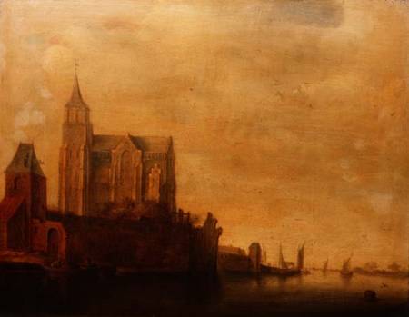 Groote Kerk with a View of the Main Tower, Emmerich in a River Landscape with Sailing Boats od Maerten Fransz van der Hulst