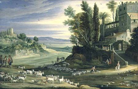 Landscape with Shepherds and the Supper at Emmaus od Maerten Ryckaert