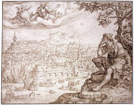 Jonah, Seated Under the Gourd, Contemplates the City of Nineveh od Maerten van Heemskerck