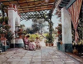 Mother and child when sewing in the Patio a Mexican house. od Manuel Garcia y Rodriguez