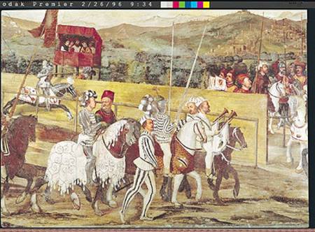 Tournament in Honour of Christian I (1426-81) of Denmark at Castello di Malpaga, detail from the rig od Marcello Fogolino