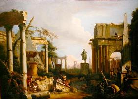 Landscape with Classical Ruins and Figures (oil on canvas)
