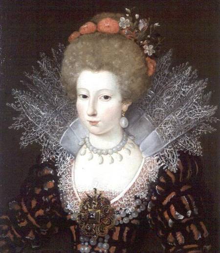 Portrait of a lady in a high lace collar and jewelled silk costume od Marguerite Bunel