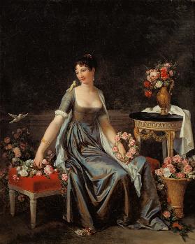Portrait of a lady, surrounded by flowers and birds