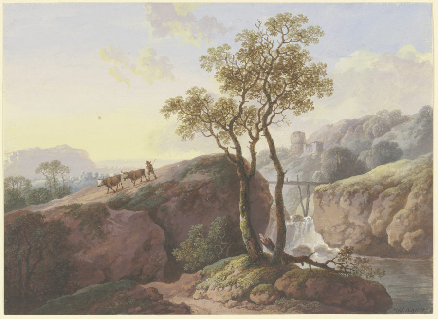 Landschaft mit einem Wasserfall, über den ein Steg führt, links treibt ein Bauer zwei Kühe zu Tal, i od Maria Dorothea Wagner