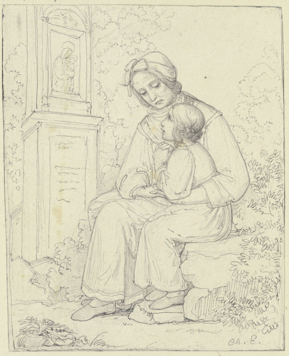 Mutter mit betendem Kind vor einem Bildstock mit einem Madonnenbild od Marie Ellenrieder