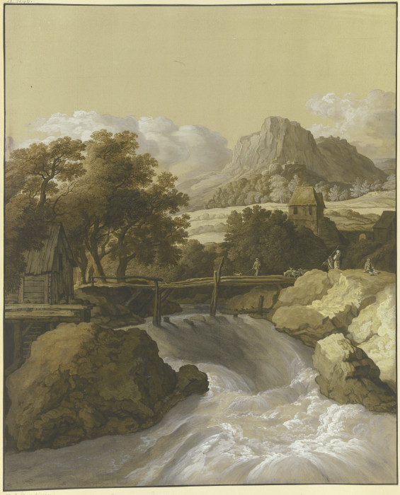 Ein reißender Bach mit einer Brücke und Blick in ein Tal od Maria Katharina Prestel