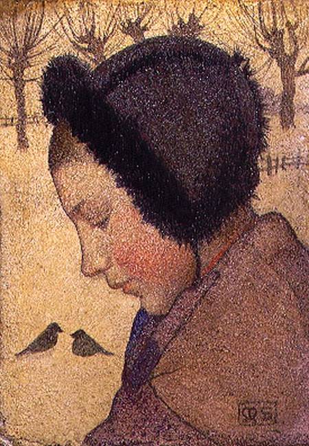 Head of a Young Girl in a Fur Hat (oil and gesso on board) od Marianne Stokes