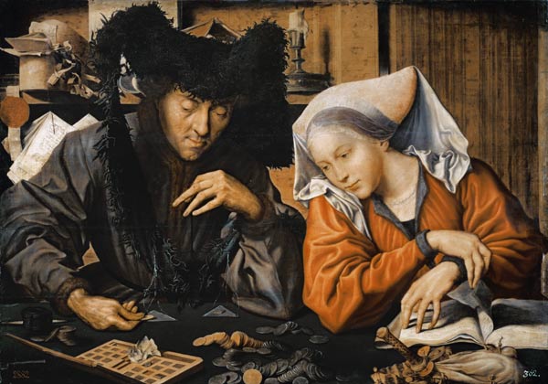 The coin changer and his wife. od Marinus Claeszon van Reymerswaele