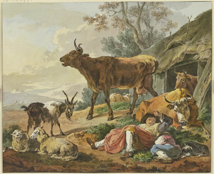 Rechts ein Stall, aus welchem zwei Kühe kommen, davor zwei schlafende Hirten mit ihrem Hund und eine od Marquard Wocher