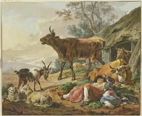 Rechts ein Stall, aus welchem zwei Kühe kommen, davor zwei schlafende Hirten mit ihrem Hund und eine