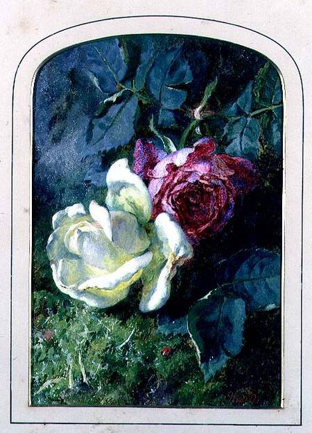 Roses and a ladybird on a mossy bank (board) od Martha Darley Mutrie
