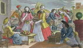 The Fruit Market (coloured engraving)