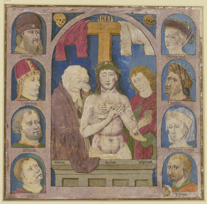 Christus als Schmerzensmann zwischen Maria und Johannes, rechts und links je vier Köpfe von am Passi od Martin Schongauer