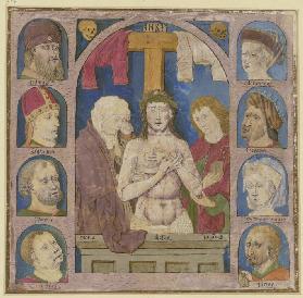 Christus als Schmerzensmann zwischen Maria und Johannes, rechts und links je vier Köpfe von am Passi