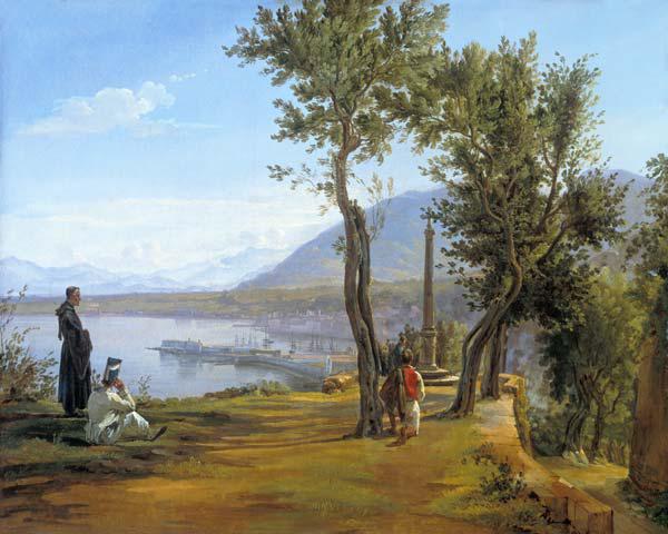 Figures in a landscape with a picture column and a port in the background