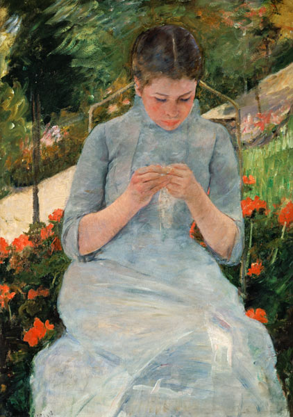 Young knitting woman in the garden od Mary Cassatt