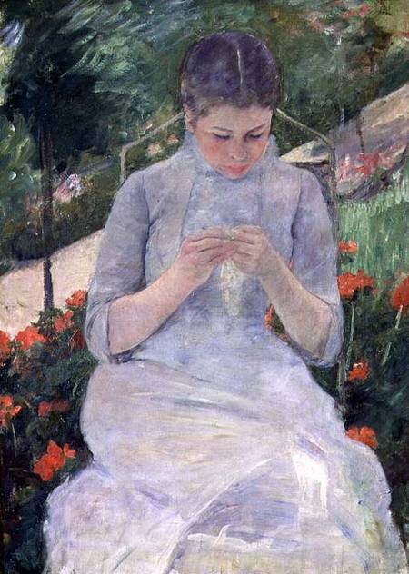 Young Woman Sewing in the garden od Mary Cassatt